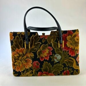 Crown Lewis Vintage Large Floral Tapestry Carpet Bag Purse. Black Gold Olive Red